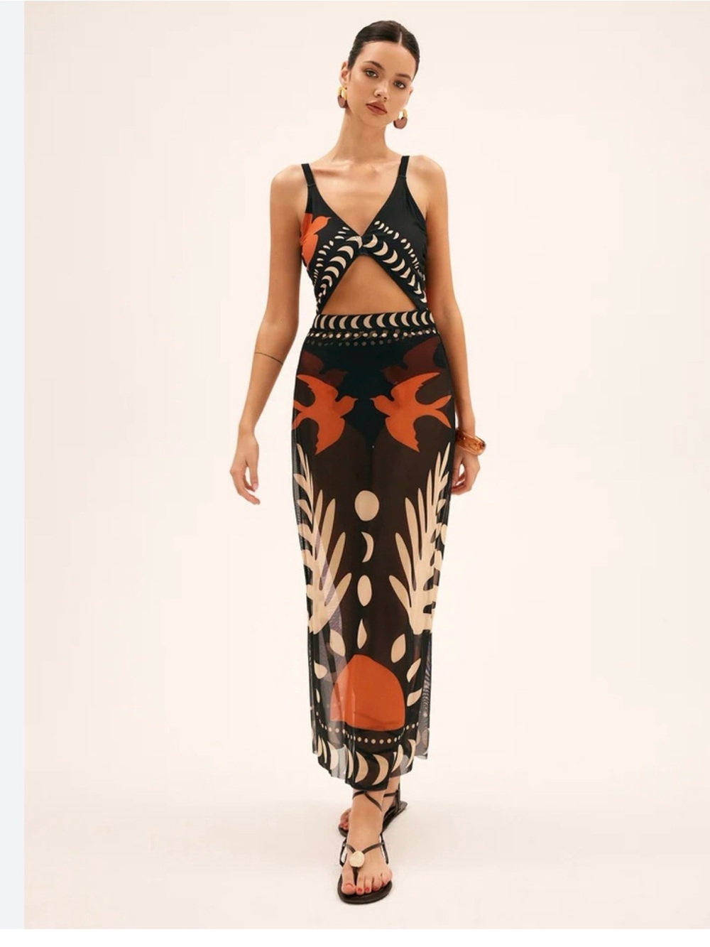 Commense Black Maxi transparent skirt Cream Graphic Bird Print Mesh Cover L - Picture 1 of 8